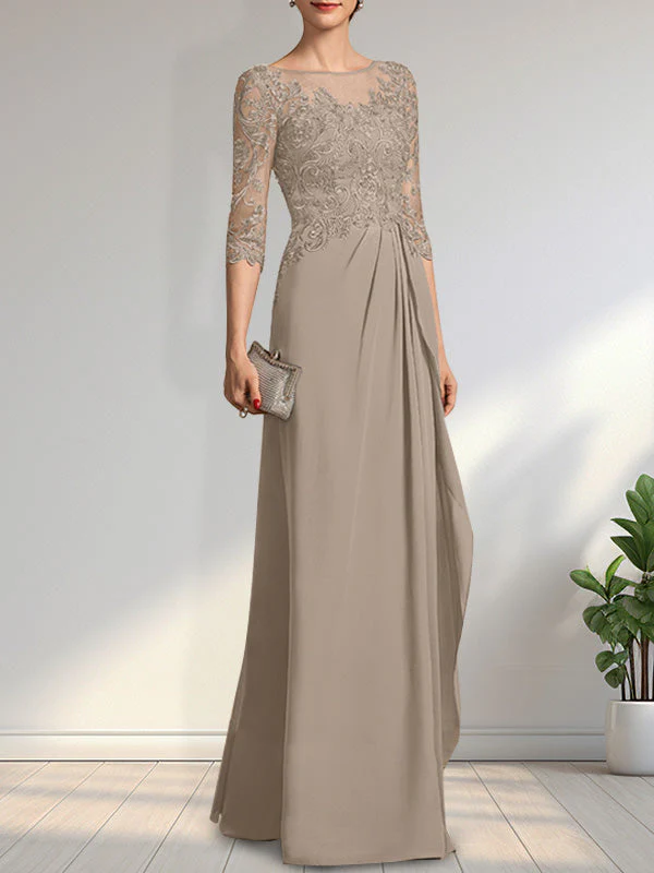 A-line Scoop Illusion Floor-Length Chiffon Lace Mother of the Bride Dress With Beading Sequins Cascading Ruffles - Image 15