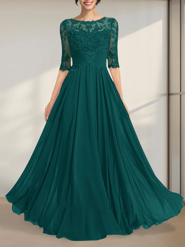A-line Scoop Illusion Floor-Length Chiffon Lace Mother of the Bride Dress With Pleated Sequins - Image 21
