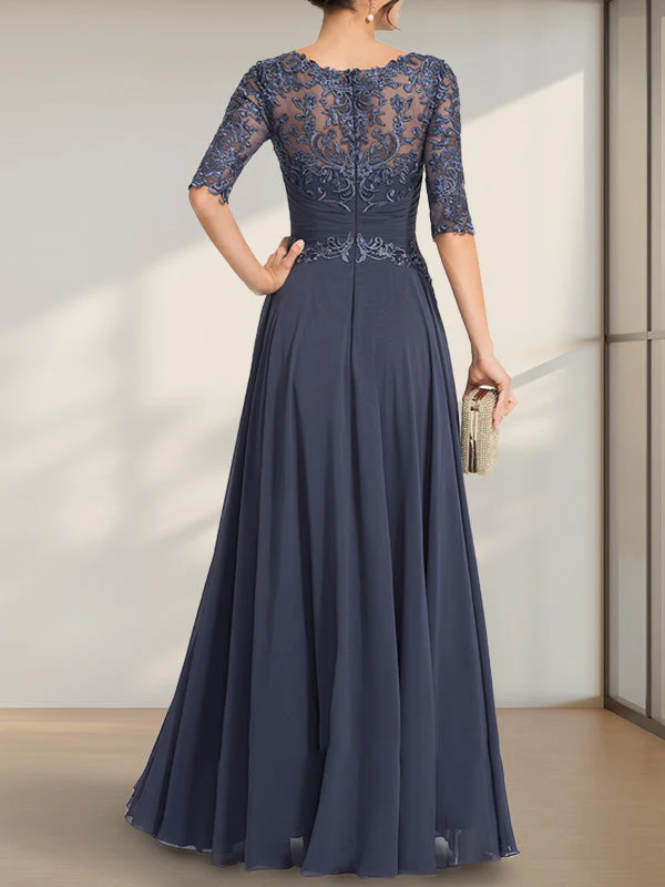 A-line Scoop Illusion Floor-Length Chiffon Lace Mother of the Bride Dress With Pleated Sequins - Image 28