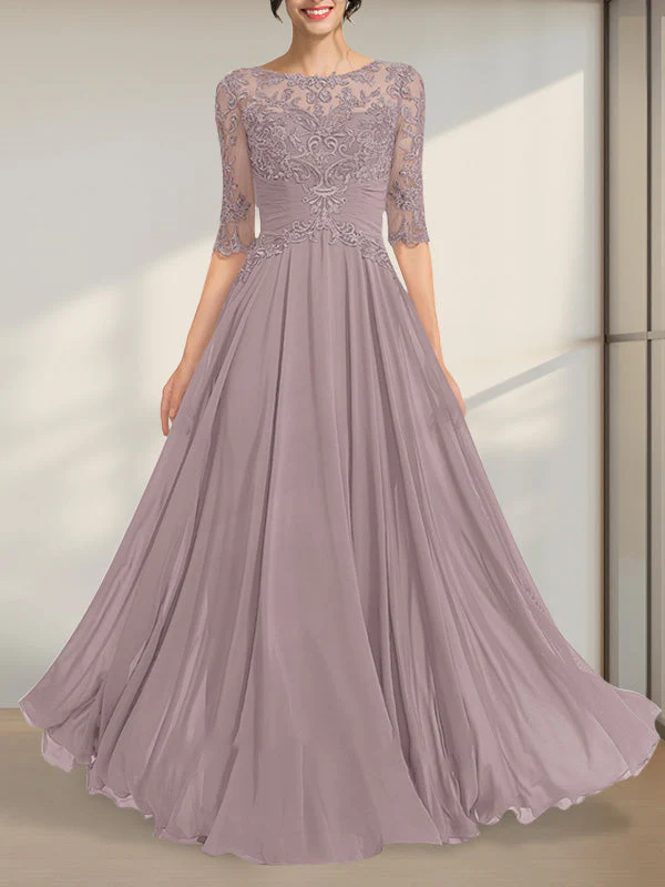 A-line Scoop Illusion Floor-Length Chiffon Lace Mother of the Bride Dress With Pleated Sequins - Image 5