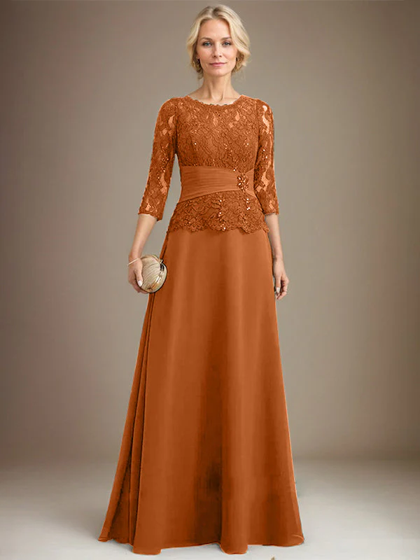 A-line Scoop Illusion Floor-Length Chiffon Lace Mother of the Bride Dress With Pleated Sequins Beading - Image 11