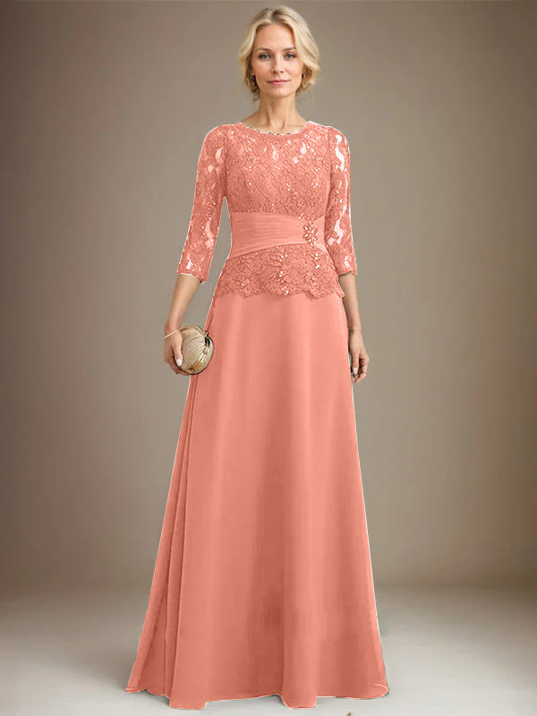 A-line Scoop Illusion Floor-Length Chiffon Lace Mother of the Bride Dress With Pleated Sequins Beading - Image 13