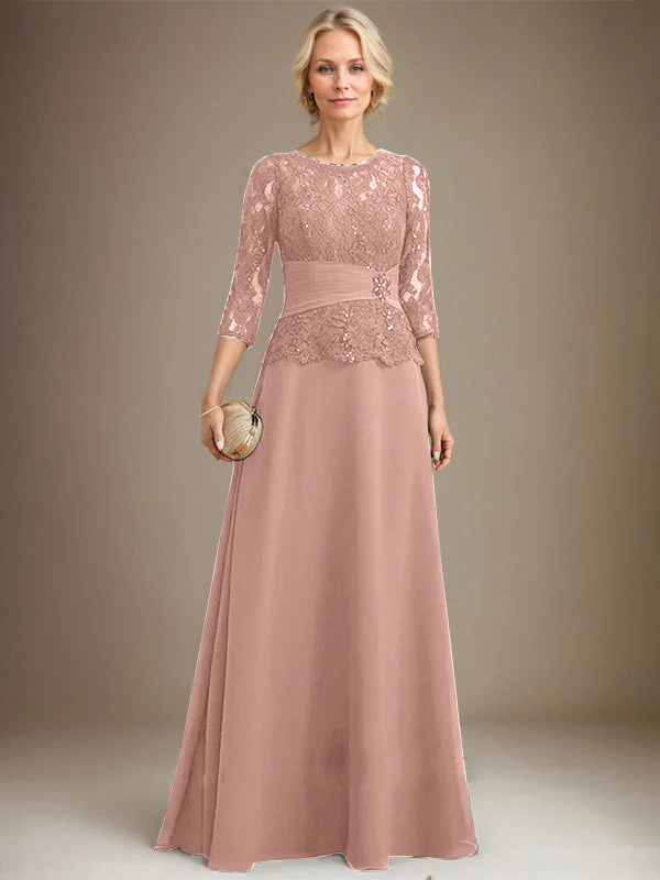 A-line Scoop Illusion Floor-Length Chiffon Lace Mother of the Bride Dress With Pleated Sequins Beading - Image 15