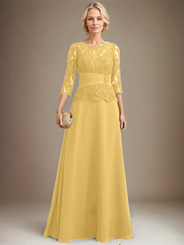 A-line Scoop Illusion Floor-Length Chiffon Lace Mother of the Bride Dress With Pleated Sequins Beading - Image 17