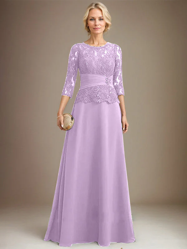 A-line Scoop Illusion Floor-Length Chiffon Lace Mother of the Bride Dress With Pleated Sequins Beading - Image 22