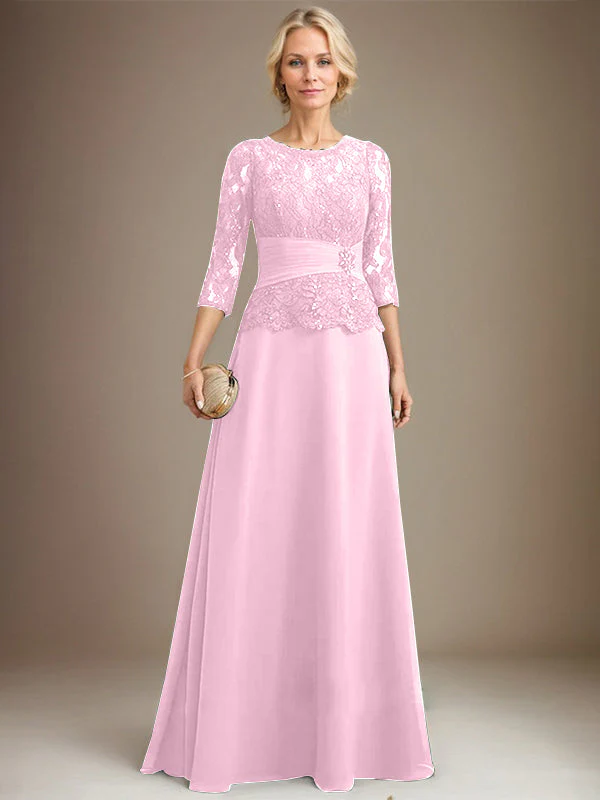 A-line Scoop Illusion Floor-Length Chiffon Lace Mother of the Bride Dress With Pleated Sequins Beading - Image 24
