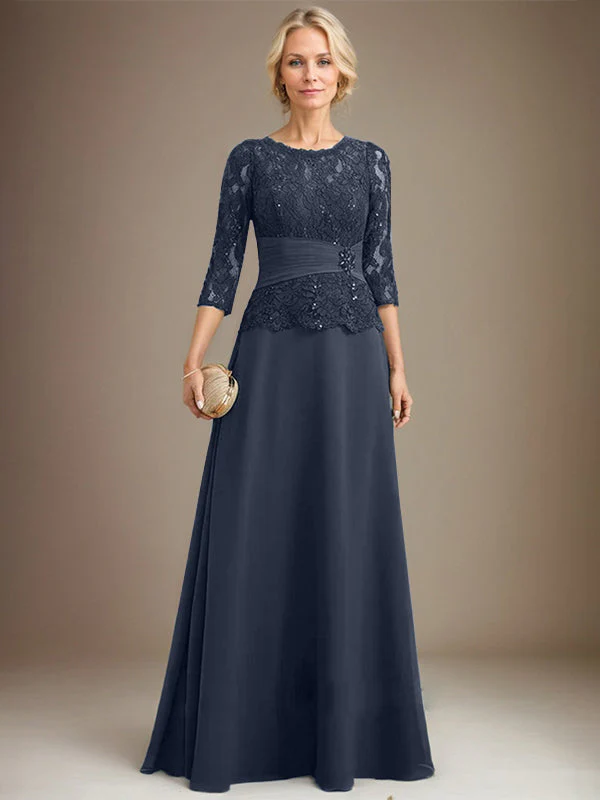 A-line Scoop Illusion Floor-Length Chiffon Lace Mother of the Bride Dress With Pleated Sequins Beading - Image 27
