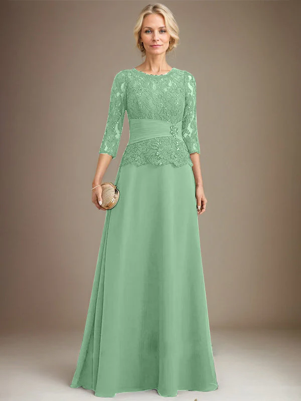 A-line Scoop Illusion Floor-Length Chiffon Lace Mother of the Bride Dress With Pleated Sequins Beading - Image 36
