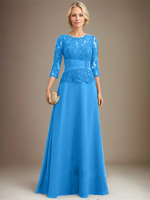 A-line Scoop Illusion Floor-Length Chiffon Lace Mother of the Bride Dress With Pleated Sequins Beading - Image 9