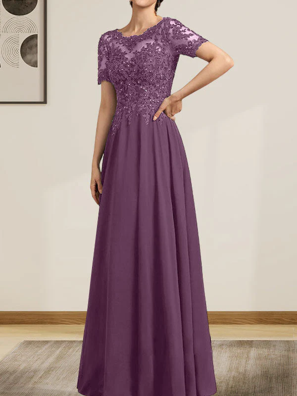 A-line Scoop Illusion Floor-Length Chiffon Lace Mother of the Bride Dress With Sequins Beading - Image 18