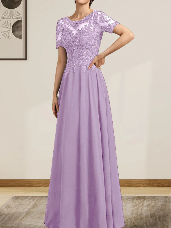 A-line Scoop Illusion Floor-Length Chiffon Lace Mother of the Bride Dress With Sequins Beading - Image 30