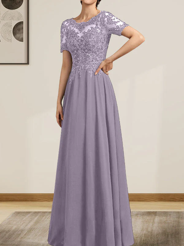 A-line Scoop Illusion Floor-Length Chiffon Lace Mother of the Bride Dress With Sequins Beading - Image 48