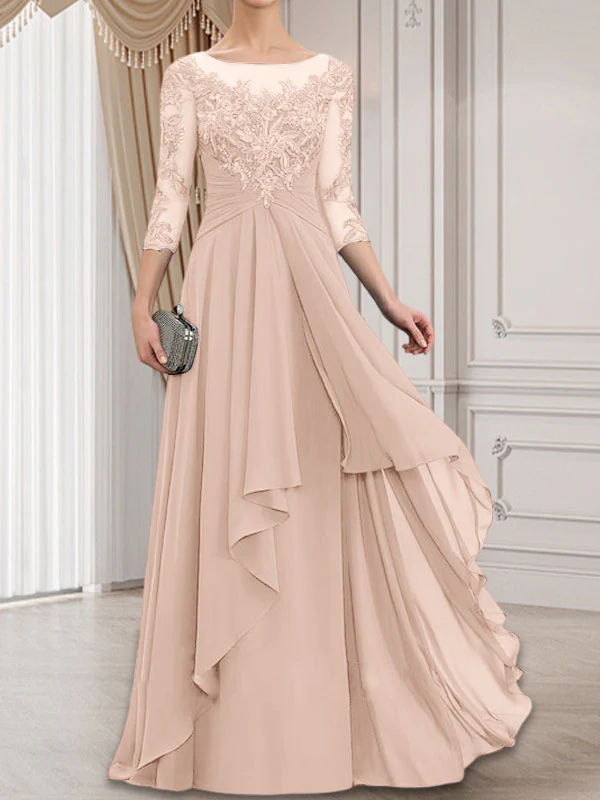 A-line Scoop Illusion Floor-Length Lace Chiffon Mother of the Bride Dress With Cascading Ruffles - Image 13