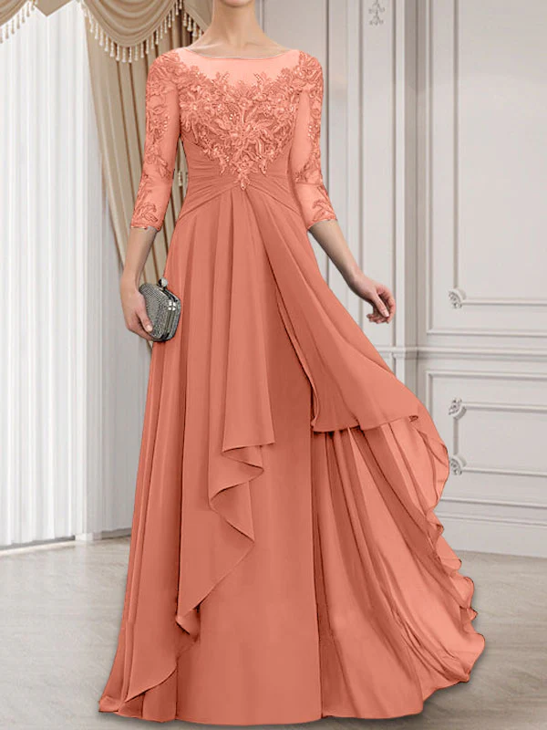 A-line Scoop Illusion Floor-Length Lace Chiffon Mother of the Bride Dress With Cascading Ruffles - Image 16