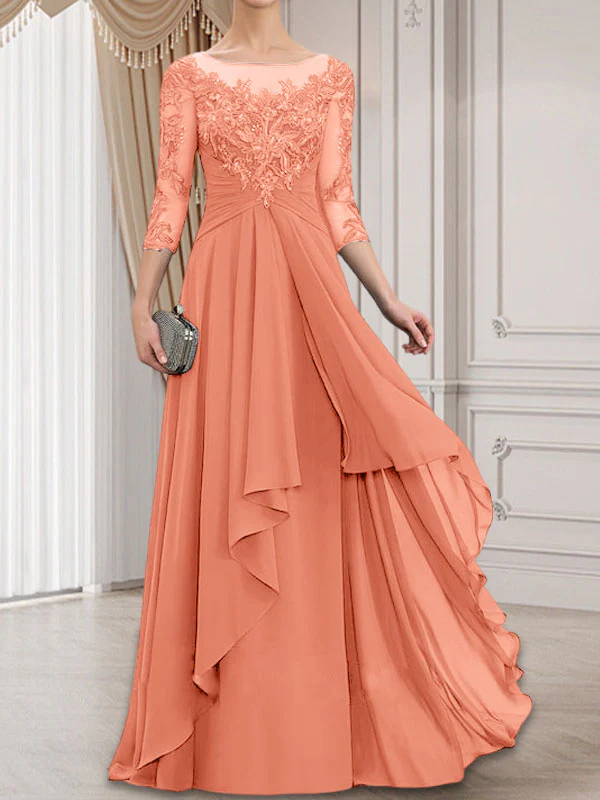 A-line Scoop Illusion Floor-Length Lace Chiffon Mother of the Bride Dress With Cascading Ruffles - Image 17