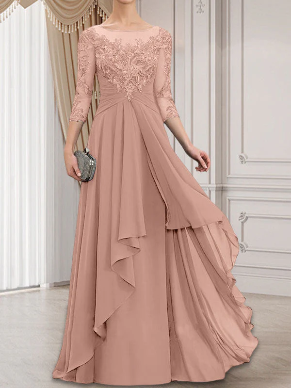 A-line Scoop Illusion Floor-Length Lace Chiffon Mother of the Bride Dress With Cascading Ruffles - Image 18