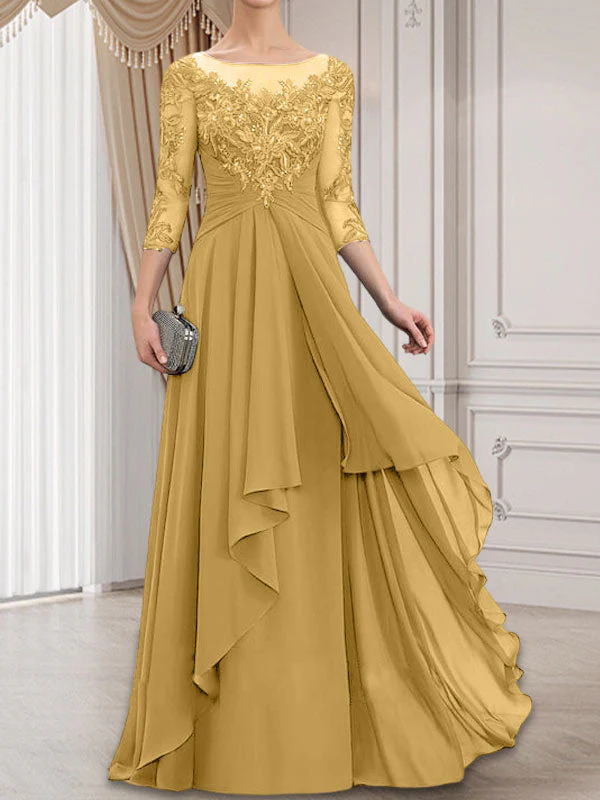 A-line Scoop Illusion Floor-Length Lace Chiffon Mother of the Bride Dress With Cascading Ruffles - Image 20