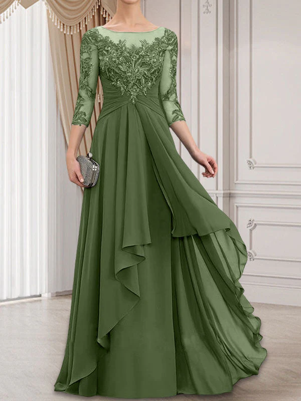 A-line Scoop Illusion Floor-Length Lace Chiffon Mother of the Bride Dress With Cascading Ruffles - Image 31