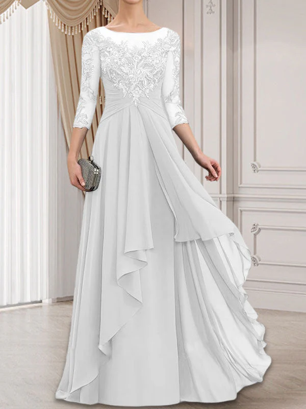 A-line Scoop Illusion Floor-Length Lace Chiffon Mother of the Bride Dress With Cascading Ruffles - Image 42
