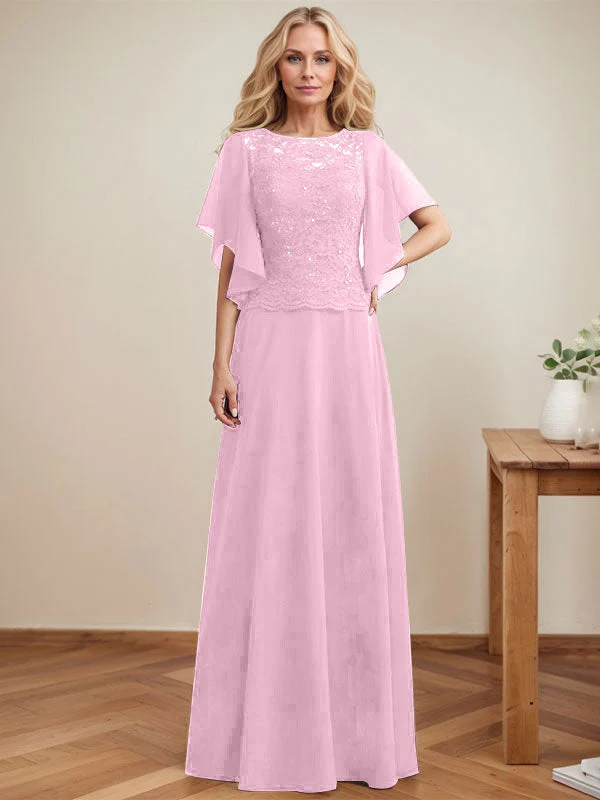 A-line Scoop Illusion Floor-Length Lace Chiffon Mother of the Bride Dress With Sequins - Image 25