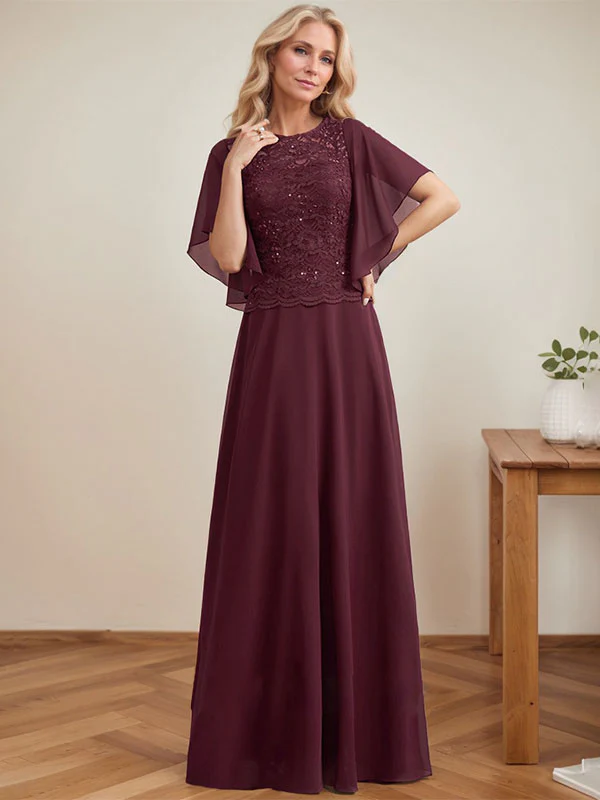 A-line Scoop Illusion Floor-Length Lace Chiffon Mother of the Bride Dress With Sequins - Image 3