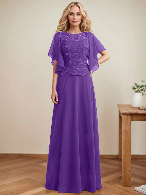A-line Scoop Illusion Floor-Length Lace Chiffon Mother of the Bride Dress With Sequins - Image 33