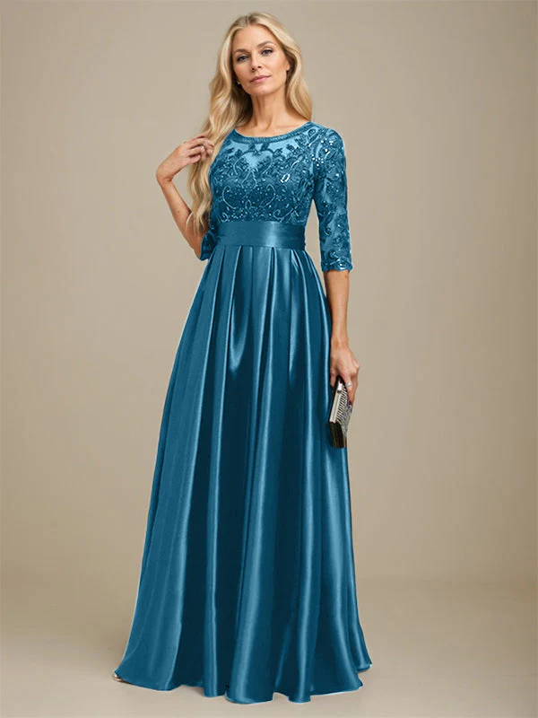 A-line Scoop Illusion Floor-Length Stretch Satin Lace Mother of the Bride Dress With Bow Sequins - Image 10