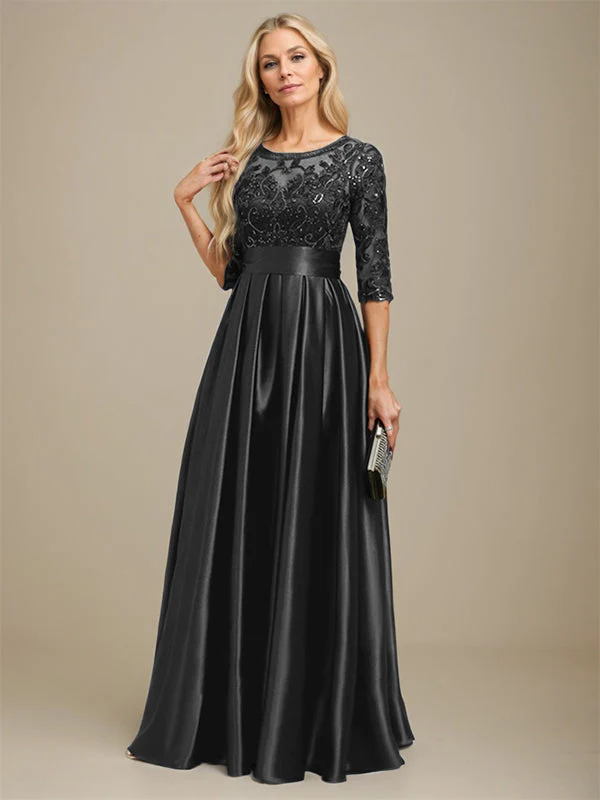 A-line Scoop Illusion Floor-Length Stretch Satin Lace Mother of the Bride Dress With Bow Sequins - Image 12