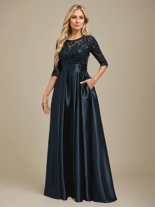 A-line Scoop Illusion Floor-Length Stretch Satin Lace Mother of the Bride Dress With Bow Sequins - Image 2