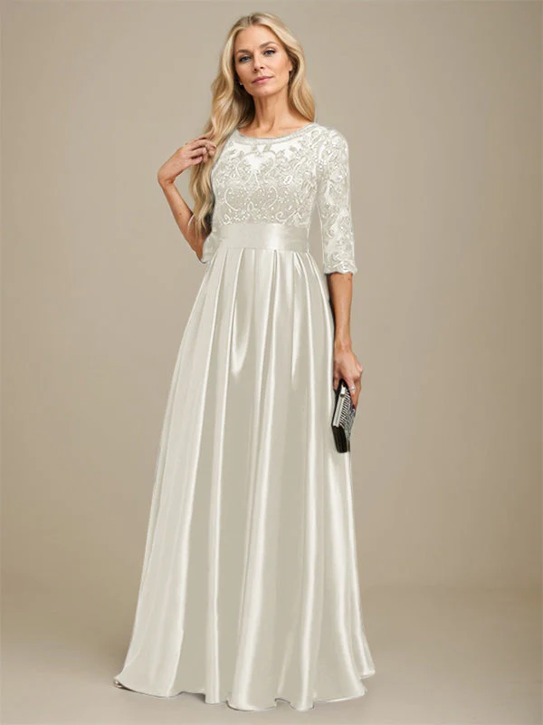 A-line Scoop Illusion Floor-Length Stretch Satin Lace Mother of the Bride Dress With Bow Sequins - Image 25