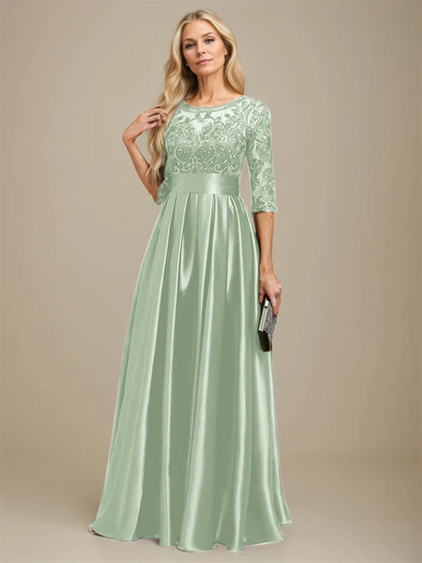 A-line Scoop Illusion Floor-Length Stretch Satin Lace Mother of the Bride Dress With Bow Sequins - Image 40