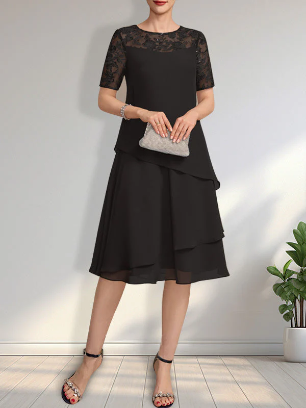 A-line Scoop Illusion Knee-Length Lace Chiffon Mother of the Bride Dress With Sequins - Image 8