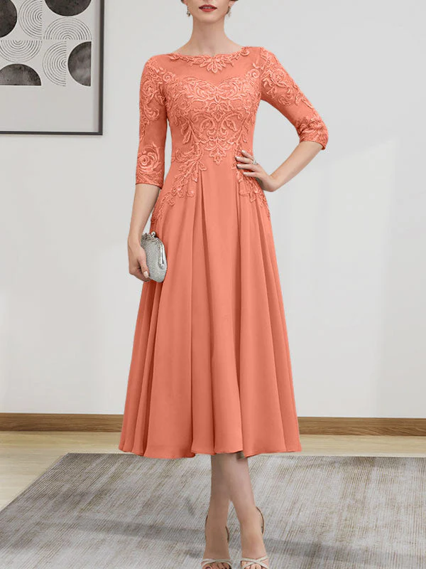 A-line Scoop Illusion Tea-Length Chiffon Lace Mother of the Bride Dress With Beading Sequins - Image 58