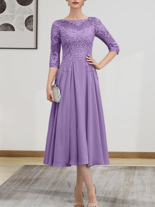 A-line Scoop Illusion Tea-Length Chiffon Lace Mother of the Bride Dress With Beading Sequins - Image 67