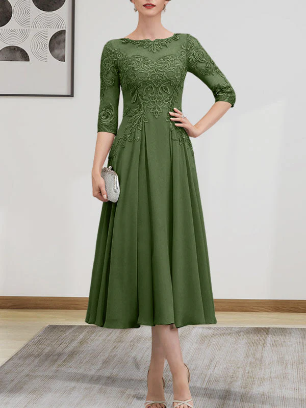 A-line Scoop Illusion Tea-Length Chiffon Lace Mother of the Bride Dress With Beading Sequins - Image 72