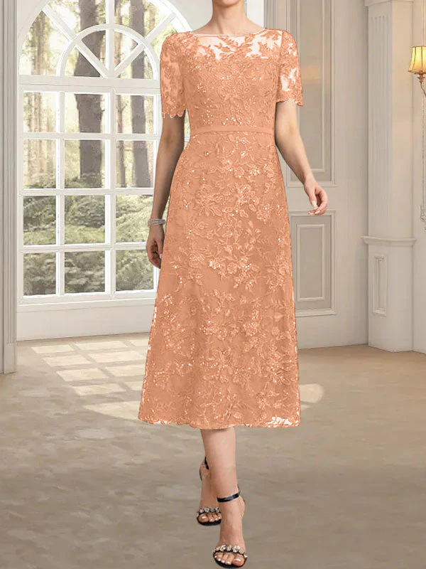 A-line Scoop Illusion Tea-Length Lace Mother of the Bride Dress With Sequins - Image 18