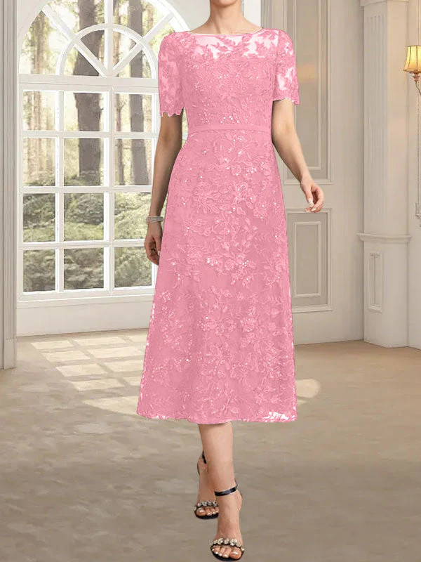 A-line Scoop Illusion Tea-Length Lace Mother of the Bride Dress With Sequins - Image 25