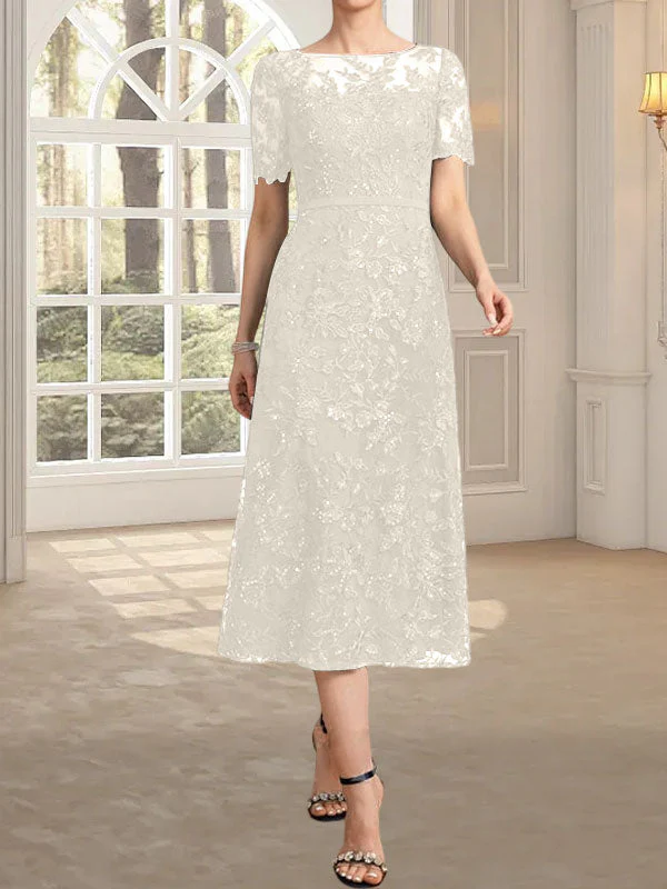 A-line Scoop Illusion Tea-Length Lace Mother of the Bride Dress With Sequins - Image 26