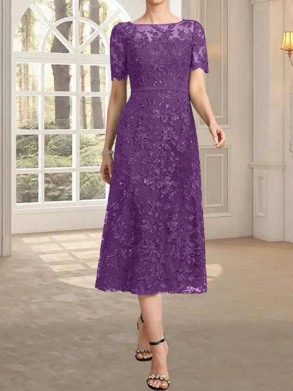 A-line Scoop Illusion Tea-Length Lace Mother of the Bride Dress With Sequins - Image 37
