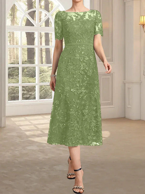 A-line Scoop Illusion Tea-Length Lace Mother of the Bride Dress With Sequins - Image 40