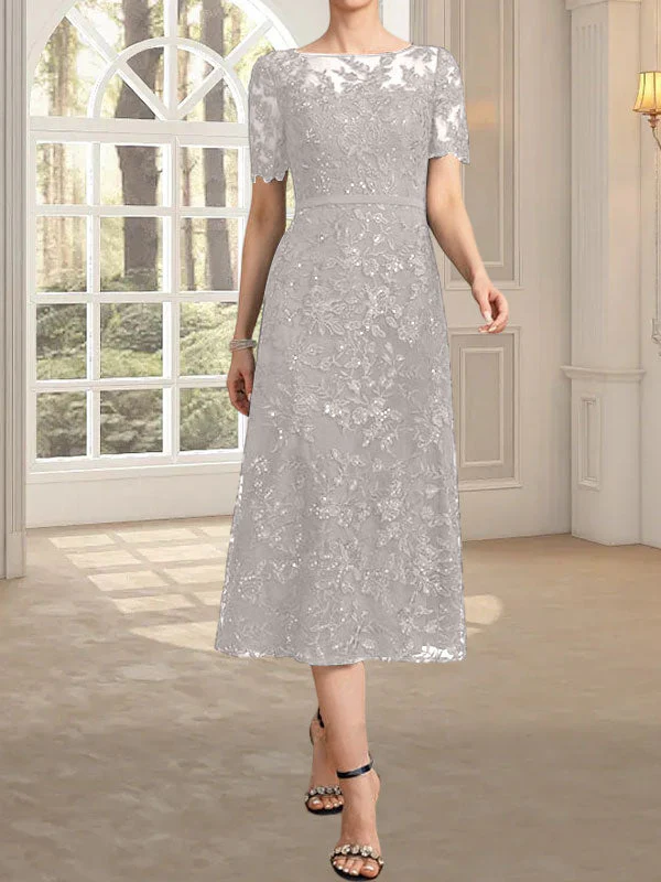 A-line Scoop Illusion Tea-Length Lace Mother of the Bride Dress With Sequins - Image 41