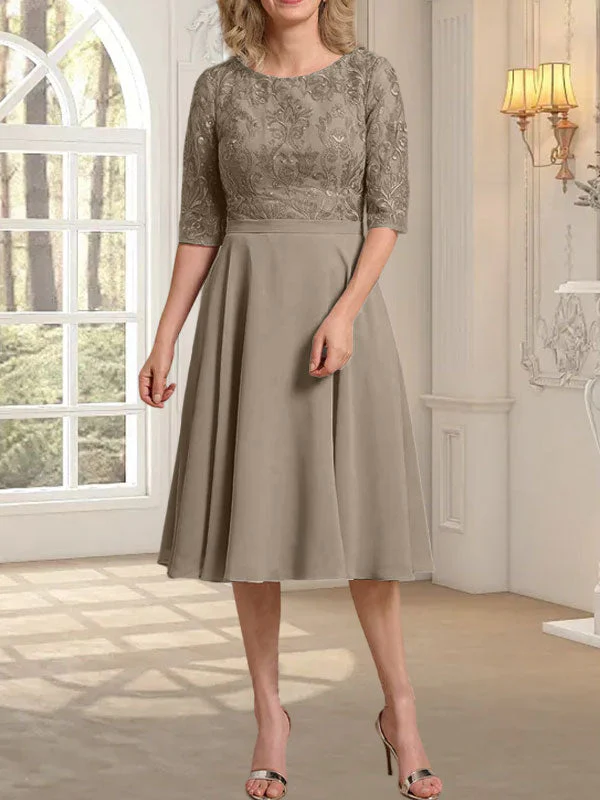 A-line Scoop Knee-Length Lace Chiffon Mother of the Bride Dress - Image 37