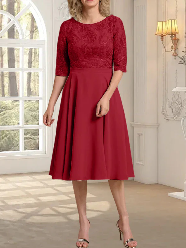 A-line Scoop Knee-Length Lace Chiffon Mother of the Bride Dress - Image 41