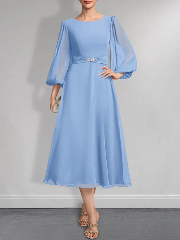 A-line Scoop Tea-Length Chiffon Mother of the Bride Dress With Crystal Brooch Pleated - Image 12
