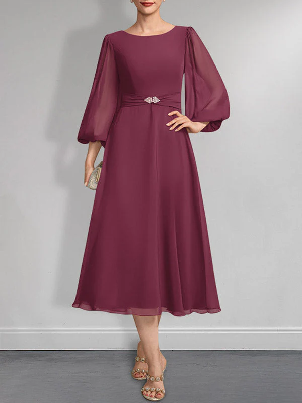 A-line Scoop Tea-Length Chiffon Mother of the Bride Dress With Crystal Brooch Pleated - Image 23