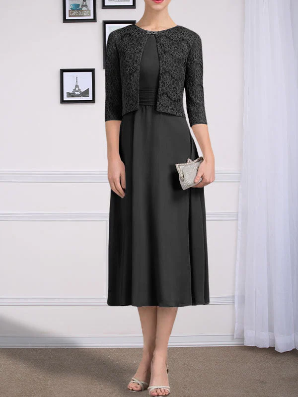 A-line Scoop Tea-Length Chiffon Mother of the Bride Dress With Pleated - Image 13