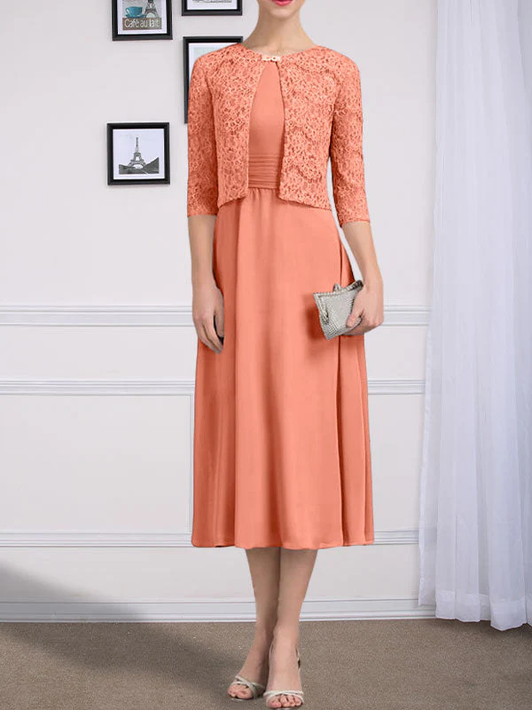 A-line Scoop Tea-Length Chiffon Mother of the Bride Dress With Pleated - Image 27