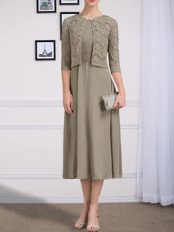 A-line Scoop Tea-Length Chiffon Mother of the Bride Dress With Pleated - Image 42