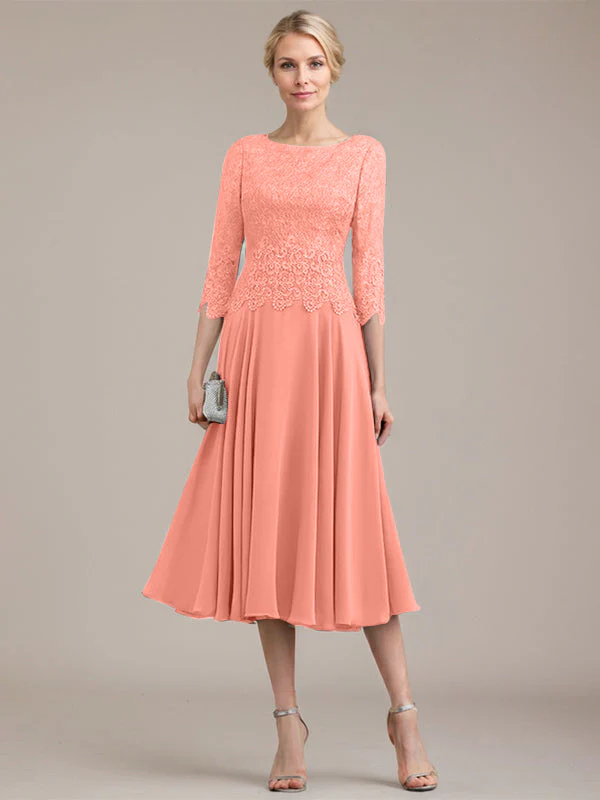 A-line Scoop Tea-Length Lace Chiffon Mother of the Bride Dress - Image 17
