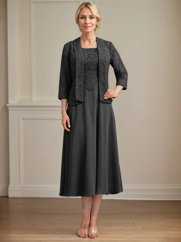 A-line Scoop Tea-Length Lace Chiffon Mother of the Bride Dress - Image 12